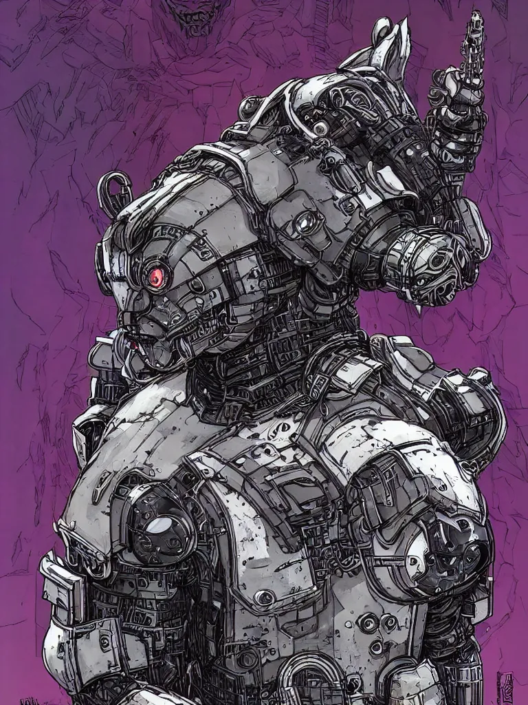 Image similar to portrait of a cybernetic werewolf warrior with white fur and silver fangs wearing black power armor, cyberpunk concept art by josan gonzales and moebius and enki bilal and and dan mumford and