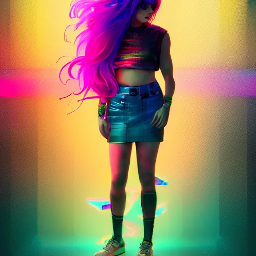 Image similar to a cyberpunk woman with rainbow hair wearing a mini skirt, vaporwave, glitch art, 9 0 s vhs aesthethic, digital art by wlop, by greg rutkowski, neon lights, octane render