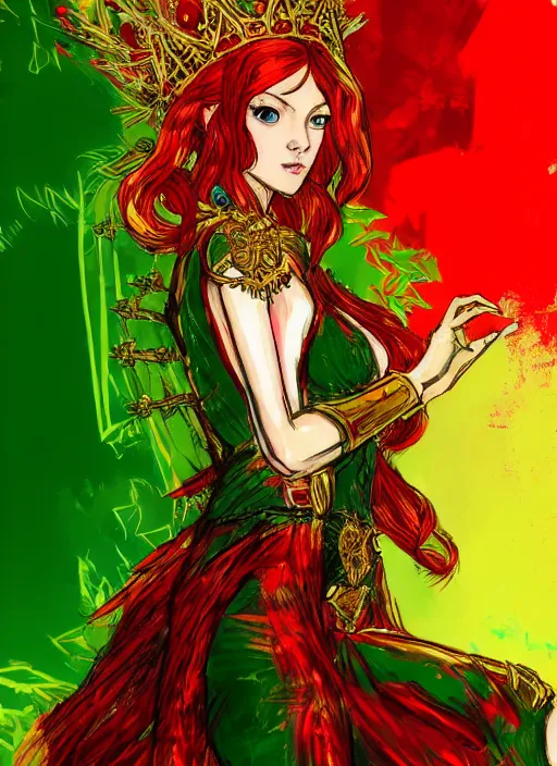 Prompt: Half body portrait of a beautiful red haired elven queen in red and green dress with golden crown sitting on a throne with haughty look. In style of Yoji Shinkawa, movie poster, vibrant colours, great composition, Metal Gear Solid style concept art, brush strokes.