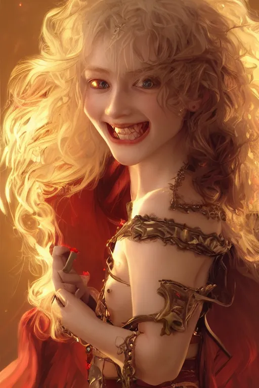 Image similar to a blonde vampire girl, child, freckles, smiling, fangs, messy curly hair, dark leather armor, onyx sword, flames in the background, embers intricate and very beautiful and elegant, highly detailed, digital painting, artstation, concept art, smooth and sharp focus, cg by tian zi and wlop and alphonse mucha