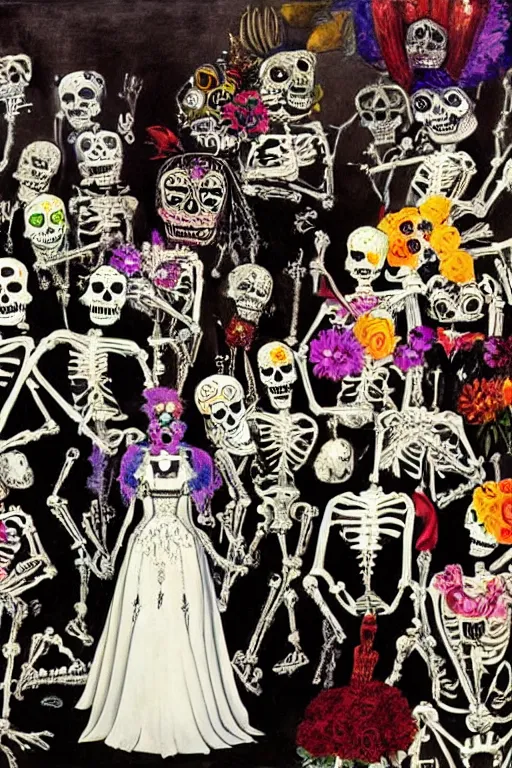 Prompt: scene from wedding, day of the dead, cyber skeletons, queen in black silk in the center, neon painting by otto dix