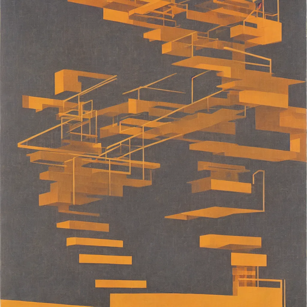 Prompt: isometric artdeco infinite stairs at night by frank lloyd wright, isometric, painted by piet mondrian