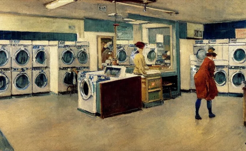 Prompt: interior of a modern laundromat, stanhope forbes, impressionist painting