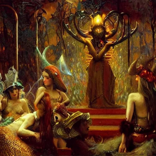 Image similar to witch controling underground edm party people, painting by gaston bussiere, craig mullins, j. c. leyendecker, lights, art by ernst haeckel, john william godward, hammershøi,