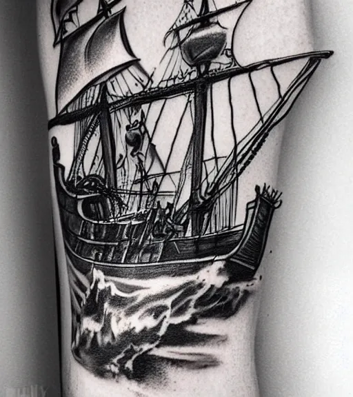 Image similar to A realistic tattoo design sketch of a pirate ship, white background, black and white, highly detailed tattoo, shaded tattoo