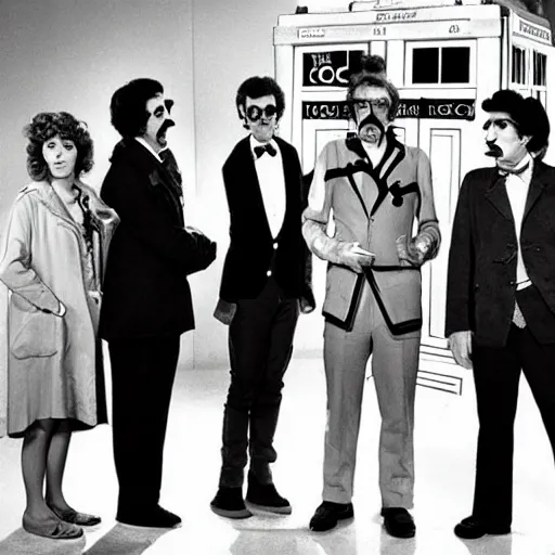 Prompt: groucho marx as doctor who, 1 9 7 0 s, wide shot
