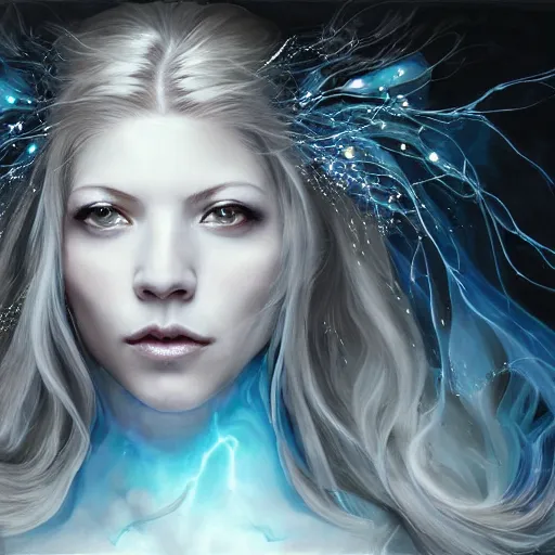 Prompt: masterpiece portrait of an aesthetic mage woman, ice spell, 3 0 years old woman, ( katheryn winnick like ), black dynamic hair, wearing silver diadem with blue gems inlays, silver necklace, painting by joachim bergauer and magali villeneuve, atmospheric effects, chaotic blue sparks dynamics in the background, intricate, artstation, fantasy