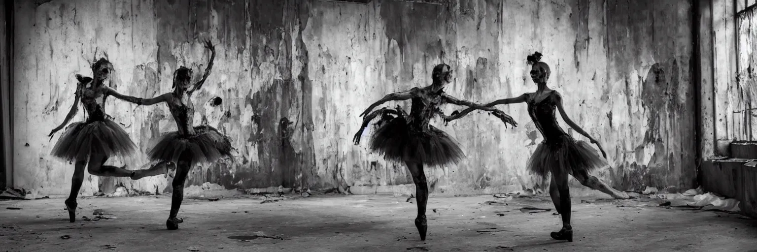 Image similar to a pair of horror zombie ballerina's in black latex tutu dancing swanlake in a rundown, moldy and dirty theater. light is coming in via stained windows, henri cartier besson