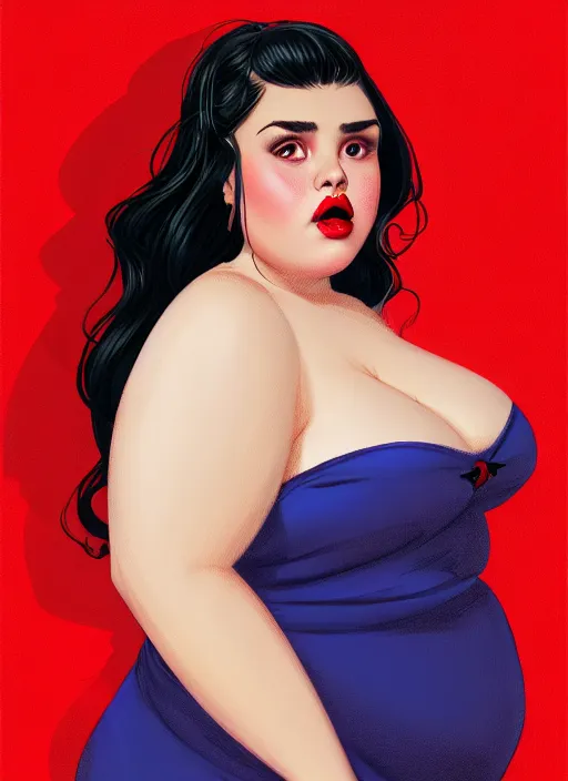 Image similar to full body portrait of teenage veronica lodge, obese, bangs, sultry, realistic, sultry smirk, wavy hair, red skirt, fat, belly, intricate, elegant, glowing lights, highly detailed, digital painting, artstation, concept art, smooth, sharp focus, illustration, art by wlop, mars ravelo and greg rutkowski