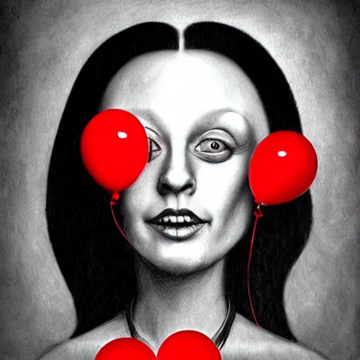 Prompt: surrealism grunge cartoon portrait sketch of raven with a wide smile and a red balloon by - michael karcz, loony toons style, mona lisa style, horror theme, detailed, elegant, intricate