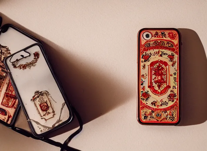 Image similar to photo still of an iphone with decoration from the year 1 9 0 1, in a room from 1 9 0 1, 8 k, studio lighting bright ambient lighting key light, 8 5 mm f 1. 8