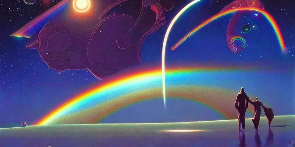 Image similar to time + space + reality, 🌈👾🌌, moebius, cinematic lighting, beautiful, elegant, oil painting,