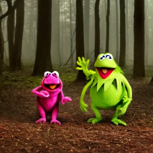 Image similar to demonic muppets in magical forest, kermit, miss piggy, gonzo, dark atmosphere, soft lighting, high detail, 8 k