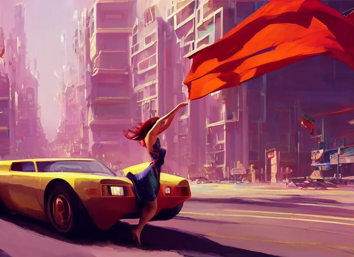 Prompt: gorgeous bright girl waving a red flag over her head enthusiastically regulating hover car traffic in a Mandelbrot fractal futuristic bustling utopian city by Craig Mullins, ilya kuvshinov, krenz cushart, artgerm trending on artstation by Edward Hopper and Dan Mumford and WLOP and Rutkovsky, Unreal Engine 5, Lumen, Nanite