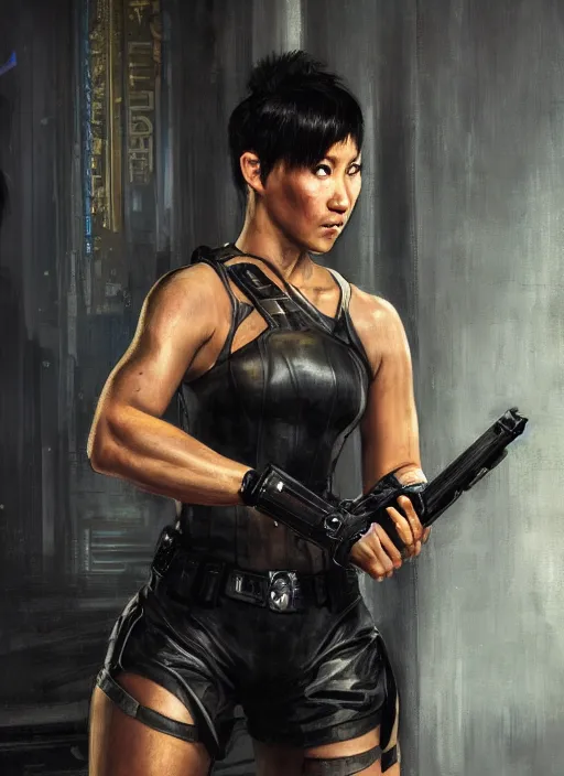 Image similar to black chun li arresting meathead. cyberpunk police trooper in a military vest ( blade runner 2 0 4 9, cyberpunk 2 0 7 7 ). orientalist portrait by john william waterhouse and james gurney and theodore ralli and nasreddine dinet, oil on canvas. cinematic, hyper realism, realistic proportions, dramatic lighting, high detail 4 k