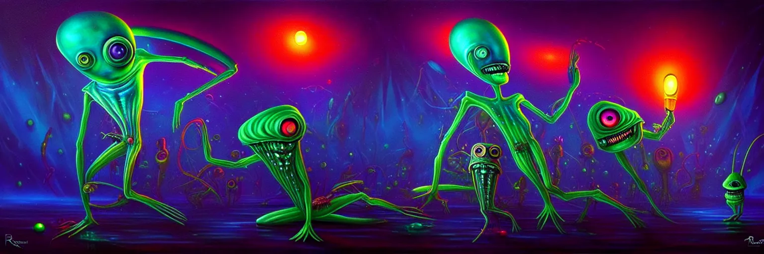 Image similar to strange alien plankton creatures from the depths of the collective unconscious, dramatic lighting, surreal darkly colorful painting by ronny khalil