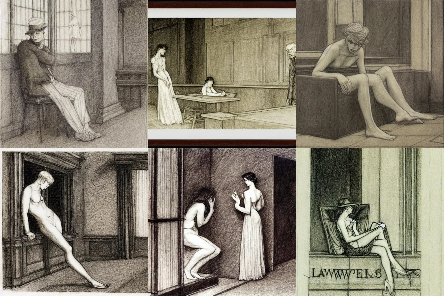 Image similar to law and lawlessness. pencil drawing by edward hopper, arthur rackham and milo manara