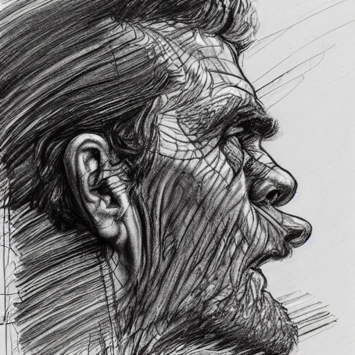 Image similar to a realistic yet scraggly portrait sketch of the side profile of a stern and sophisticated willem dafoe, trending on artstation, intricate details, in the style of frank auerbach, in the style of sergio aragones, in the style of martin ansin, in the style of david aja, in the style of mattias adolfsson