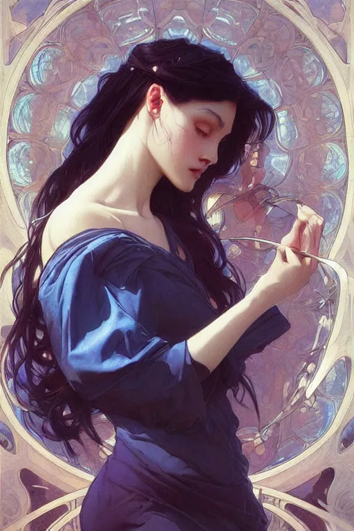 Image similar to perfect blue, dreamy and ethereal,, fantasy, intricate, elegant, highly detailed, digital painting, artstation, concept art, smooth, sharp focus, illustration, art by artgerm and greg rutkowski and alphonse mucha