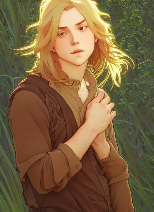 Image similar to pretty young man with shoulder length shiny shimmering golden blond hair, path traced, highly detailed, high quality, digital painting, by studio ghibli and alphonse mucha, leesha hannigan, disney