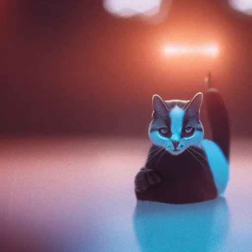 Image similar to polite cat, splash art, movie still, cinematic lighting, dramatic, octane render, long lens, shallow depth of field, bokeh, anamorphic lens flare, 8k, hyper detailed, 35mm film grain