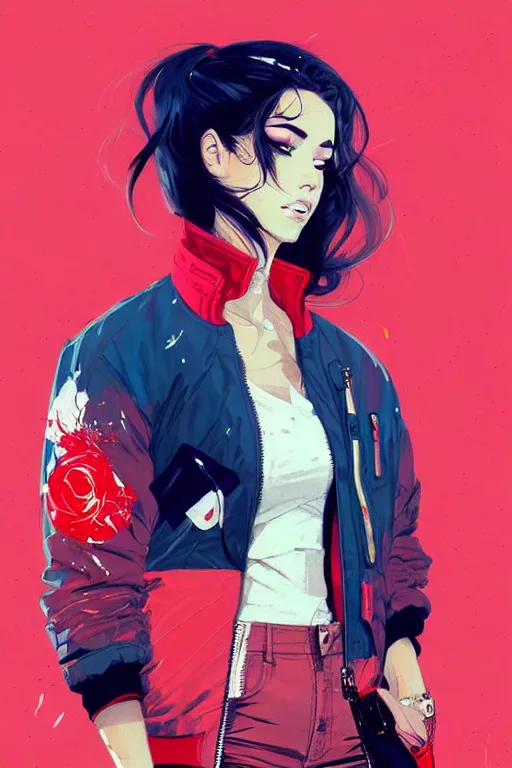 Prompt: a ultradetailed beautiful painting of a stylish woman wearing a bomber jacket, by conrad roset, greg rutkowski and makoto shinkai trending on artstation