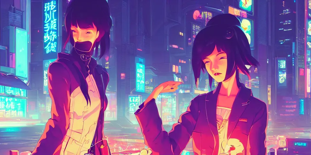 Prompt: digital illustration closeup of cyberpunk geisha in city street at night by makoto shinkai, ilya kuvshinov, lois van baarle, rossdraws, basquiat | afrofuturism, in the style of hearthstone, trending on artstation | cool color scheme