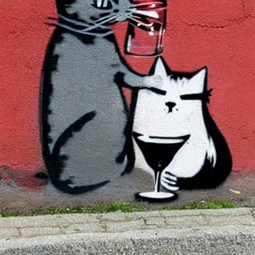 Prompt: Street art of an alcoholic cat who drink wine, by banksy