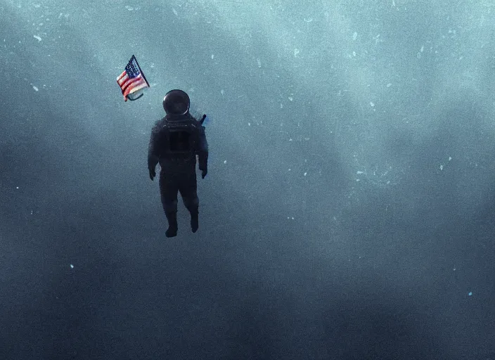 Image similar to astronaut holding a flag in an underwater desert. a submarine is visible in the distance. dark, concept art, cinematic, dramatic, atmospheric, 8 k, trending on artstation, blue, fish, low visibility, fog, ocean floor, christopher nolan, interstellar