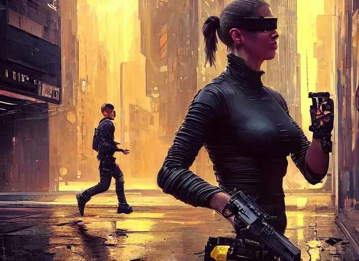 Prompt: Maria evades sgt Nash. Cyberpunk hacker wearing yellow escapes police troopers (blade runner 2049, cyberpunk 2077). beautiful face. Free running. Orientalist portrait by john william waterhouse and James Gurney and Theodore Ralli and Nasreddine Dinet, oil on canvas. Cinematic, hyper realism, realistic proportions, dramatic lighting, high detail 4k