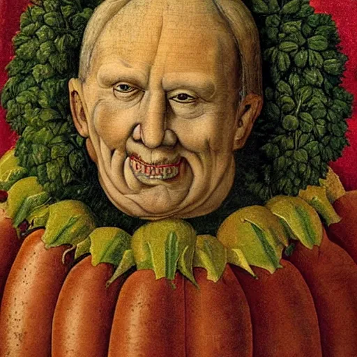 Image similar to very aged medieval painting of donald trump made of vegetables, by giuseppe arcimboldo