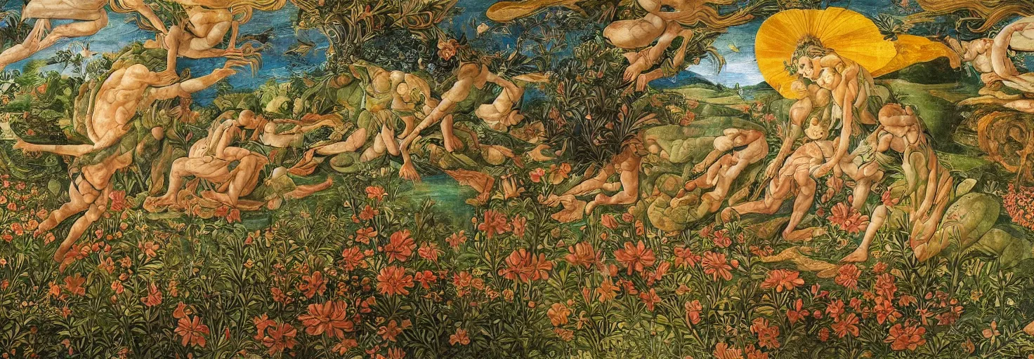 Image similar to beautiful patterned mural a corrupted alien planet, lush landscape, vivid colors, beautiful flower variation, intricate painting, highly detailed, masterful, fantasy world, no people, in the style of sandro botticelli, caravaggio, albrecth durer