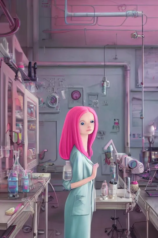 Image similar to highly detailed, industrial photography, colored gel light, profile photo of adult princess bubblegum from adventure time, working in her science lab, wearing lab coat, long bubblegum hair, long straight bangs, confident, beautiful, attractive, illustration concept art by nicoletta ceccoli, mark ryden, lostfish, detailed and intricate environment, 8 k resolution, hyperrealistic, octane render