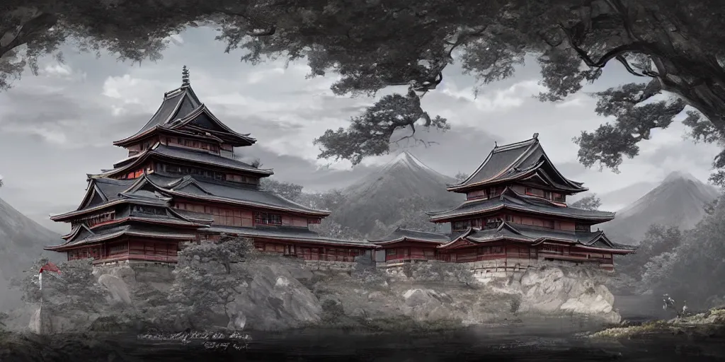 Image similar to A beautiful, perfect, impressive, amazing concept art digital CG painting of a japanese castle, trending on ArtStation, Unreal Engine