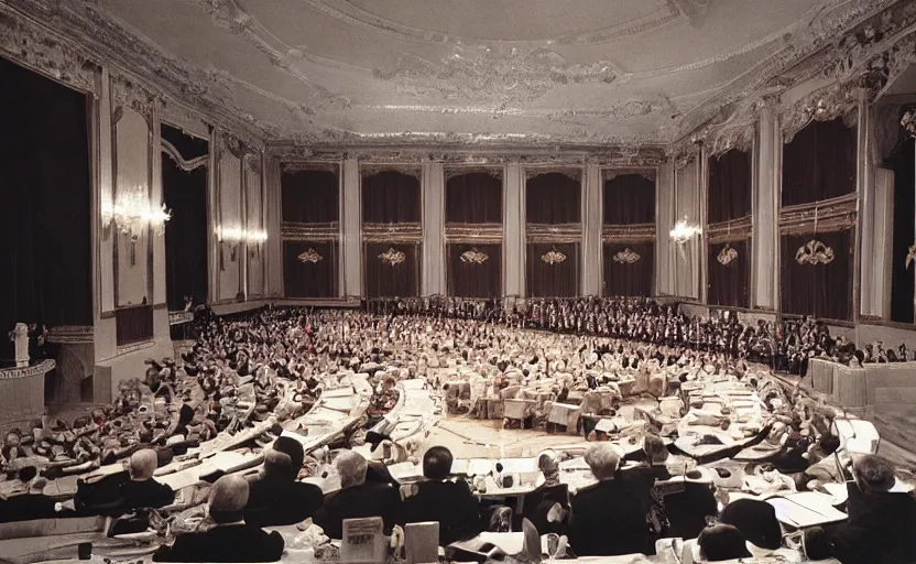 Image similar to 60s movie still of a CCCP congress in a stanilist style palace interior, by Irving Penn , cinestill 800t 35mm eastmancolor, heavy grainy picture, very detailed, high quality, 4k, HD criterion, precise texture