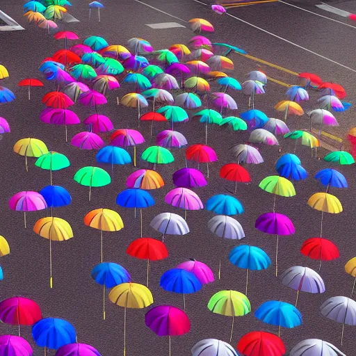 Prompt: a rainbow of umbrellas hovering over an old stone city street, digital art, trending on artstation