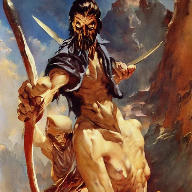 Image similar to highly detailed frank frazetta painting of robed evil lanky disheveled artist sorcerer holding scimitar in arabian surroundings