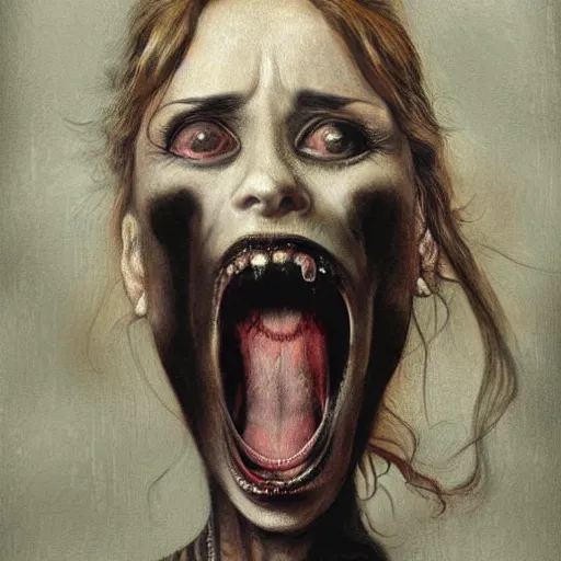 Image similar to a realistic painting of a beutiful female victorian vampire screaming by Santiago Caruso, H 1024 W 1024