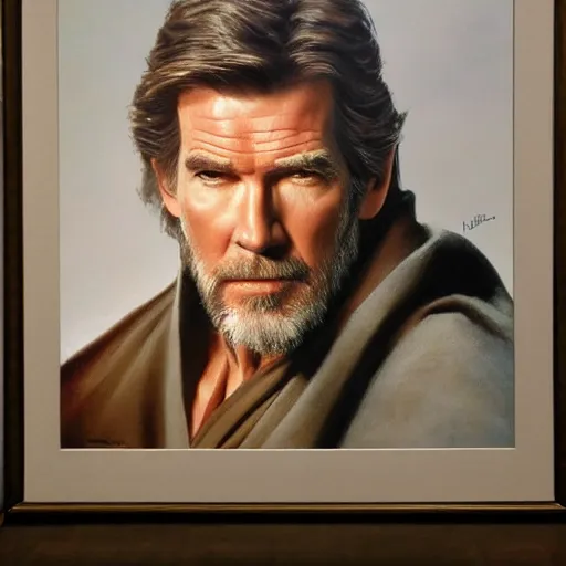 Prompt: ultra realistic portrait painting of pierce brosnan as obi - wan kenobi, art by frank frazetta, 4 k, ultra realistic, highly detailed, epic lighting