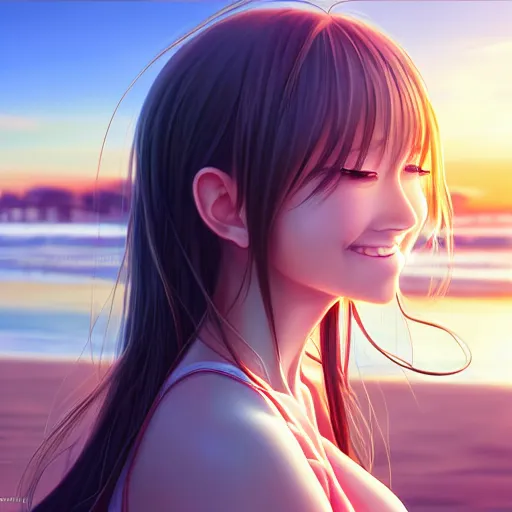 Image similar to beautiful serene intricate very detailed portrait of a realistic anime girl taking a selfie, smiling softly, wearing casual clothes, relaxing on the beach, golden hour, soft focus, 8 k, art by irakli nadar, hyperrealism, hyperdetailed, ultra realistic