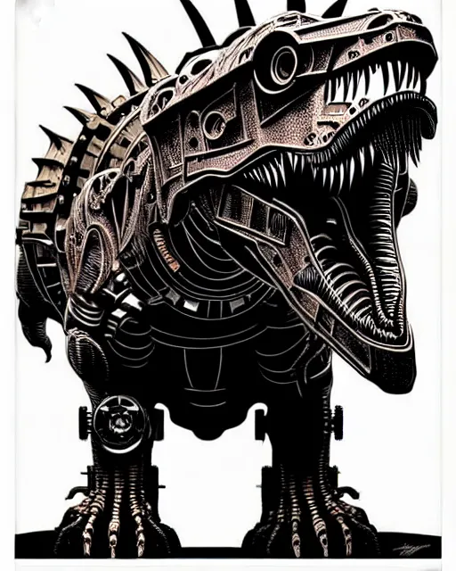 Prompt: a steampunk cyborg t - rex dinosaur, high details, symmetry, bold line art, by vincent di fate and joe fenton, inking, etching, screen print, masterpiece, trending on artstation, sharp, high contrast, hyper - detailed,, hd, 4 k, 8 k