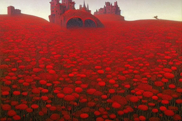 Image similar to only with red, red flowers of different types, a castle in the background, red orcs and trolls dance over the flowers, in the style of beksinski, part by hopper, part by rodcenko, part by hofbauer, intricate composition, red by caravaggio, insanely quality, highly detailed, masterpiece, red light, artstation, 8 k