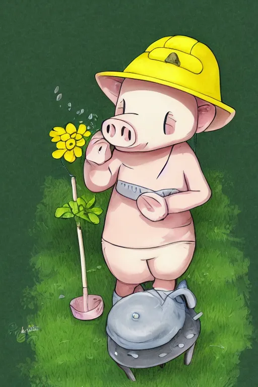 Image similar to cute little piggy with a gardening hat doing some gardening on a summer day, chibi, cute, adorable, studio ghibli trending on artstation, pixiv, Deviantart, HD, golden ratio, rule of thirds