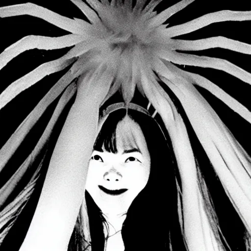 Image similar to Bjork climbs out of your TV screen towards you like Sadako, J-Horror, 90s, 35mm film