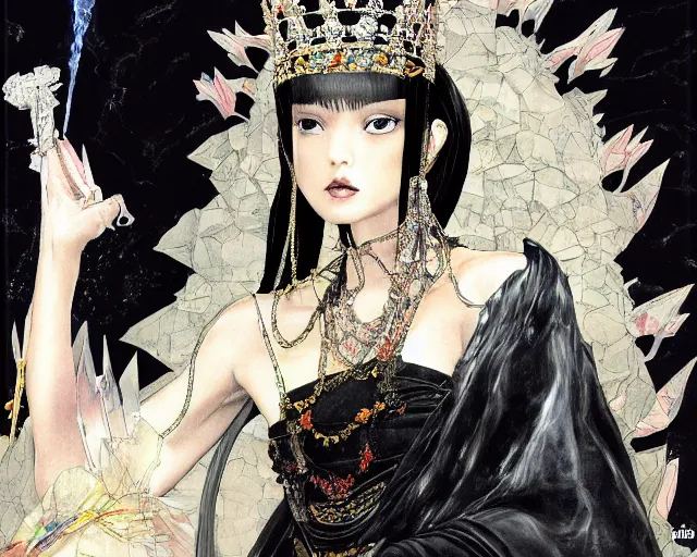 Image similar to an illustration of a queen wearing a beautiful black dress on a stone throne by yoshitaka amano, by katsuhiro otomo realistic, detailed, oil painting