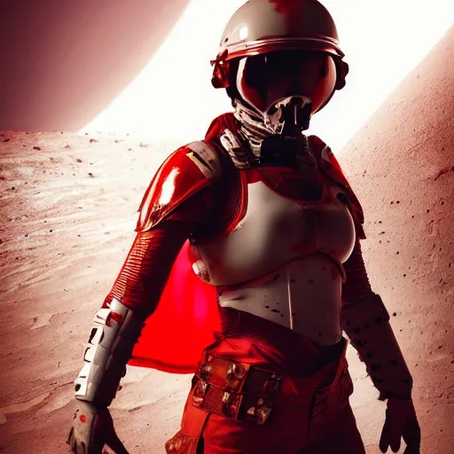 Image similar to a young female soldier wearing blood - spattered glossy sleek white dinged scuffed armor and a long torn red cape, heroic posture, determined expression, elegant, battle weary, no helmet, on the surface of mars, dramatic lighting, cinematic, sci - fi, hyperrealistic, detailed