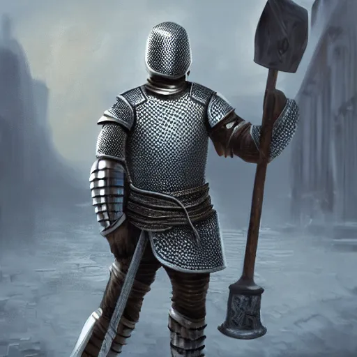 Prompt: Male knight in chainmail with big hammer, abandoned city, oil painted, shine, full HD, 8k render