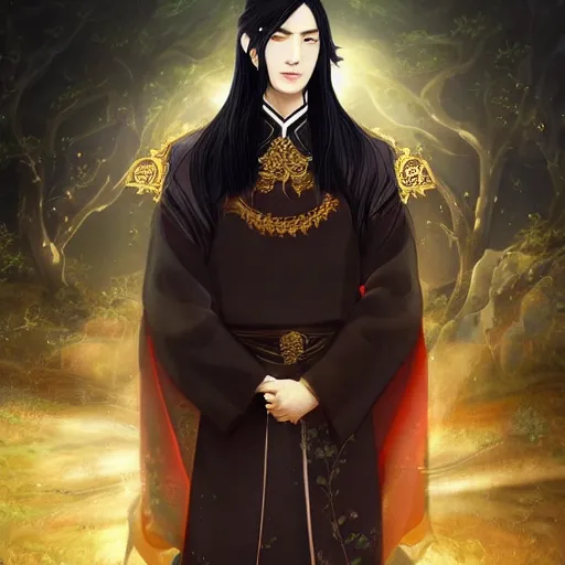 Prompt: a portrait of a young handsome Chinese prince, long black hair, golden eyes, elegant, intricate, backlit, incredible lighting, strong rim light, subsurface scattering, realistic anime, epic beautiful landscape, cherry trees, highly detailed, god rays, digital painting, by Heise Jinyao, Heise-Lian Yan Fang, Feimo, Rossdraws, HDRI, vivid colors, high contrast, 8k