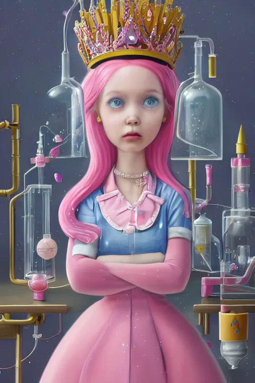 Prompt: highly detailed, profile portrait of beautiful princess bubblegum, experimenting in her science lab, wearing lab coat and safety glasses and sapphire tiara, bubblegum hair with sapphire tiara, bubblegum face, bubblegum body, depth of field, illustration, concept art by nicoletta ceccoli, mark ryden, lostfish, detailed and intricate environment, 8 k resolution, hyperrealistic, octane render