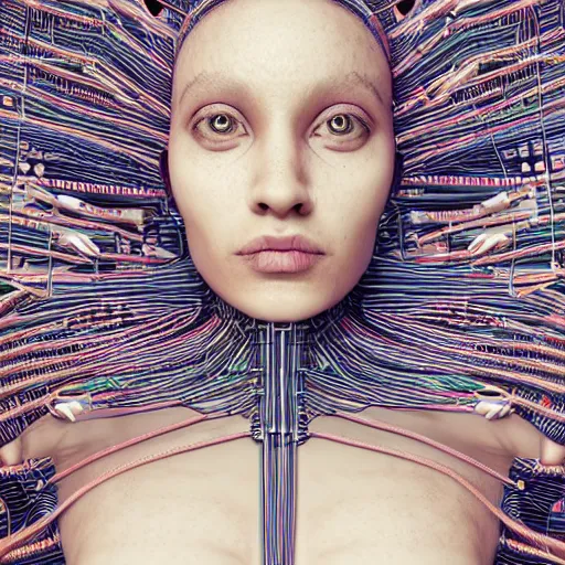 Image similar to swimming deeper into the multiverse, maze of modular synth cables mixed with mangrove roots, kawaii puerto rican goddess chilling out wearing a headpiece made of circuit boards designed by isabel marant, by cameron gray, wlop, stanley kubrick, masamune, hideki anno, jamie hewlett, unique perspective, trending on artstation, 3 d render, vivid